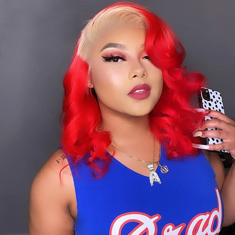 180% Density Ombre Blonde Red Color Body Wave Bob Wig 4x4/13x4 Transparent Lace Human Hair Wig