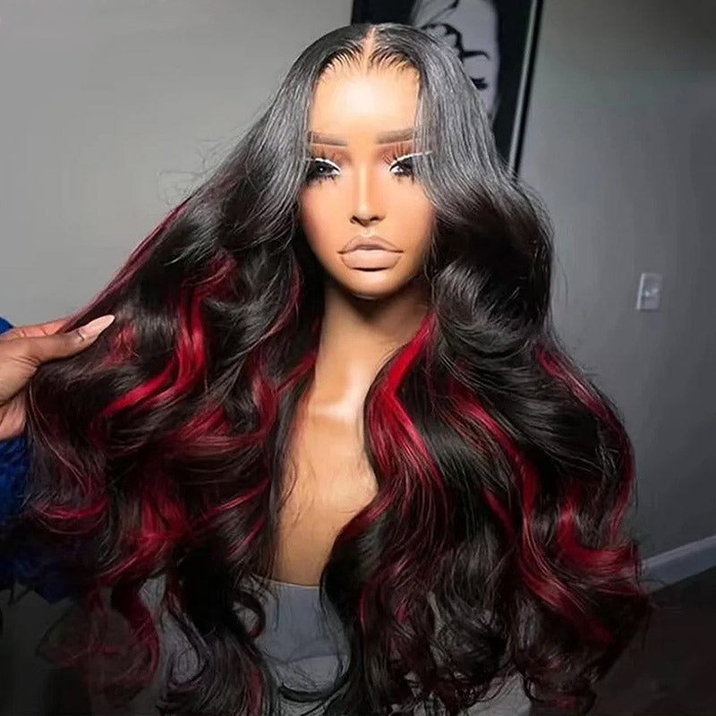 200% Density Black With Red Colored Skunk Stripe 13x4 Body Wave Highlights Lace Frontal Wig with Pre-Plucked
