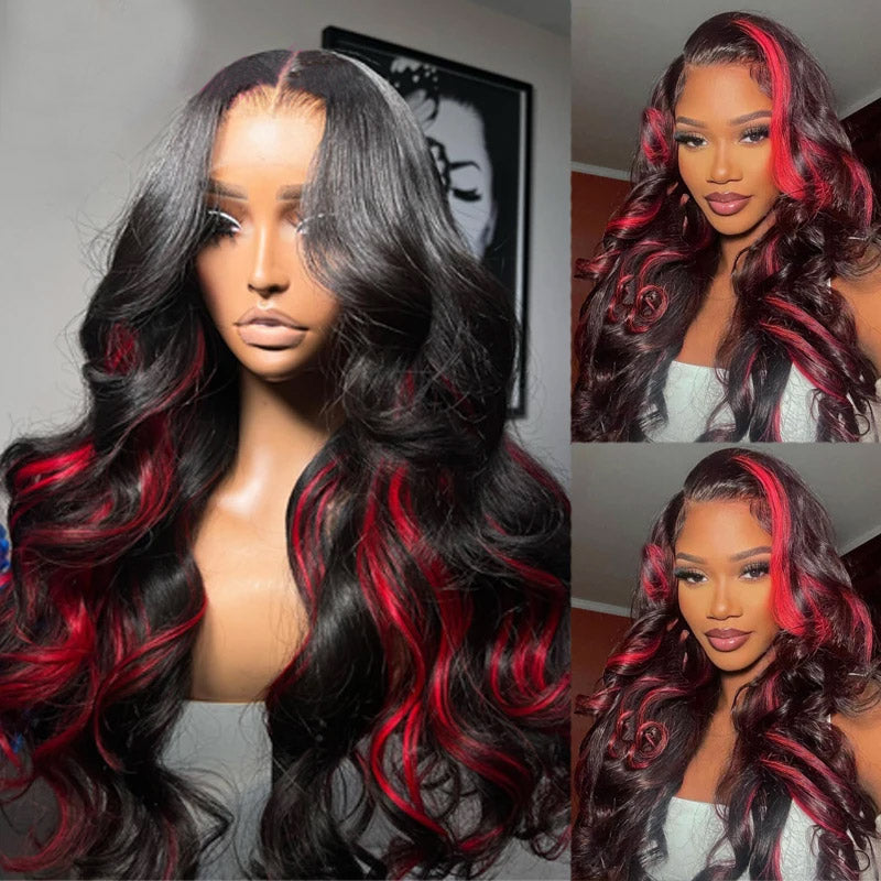 200% Density Black With Red Colored Skunk Stripe 13x4 Body Wave Highlights Lace Frontal Wig with Pre-Plucked