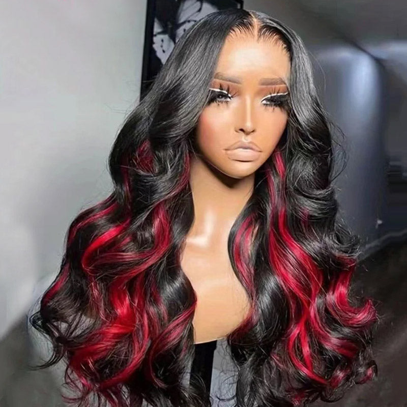 200% Density Black With Red Colored Skunk Stripe 13x4 Body Wave Highlights Lace Frontal Wig with Pre-Plucked