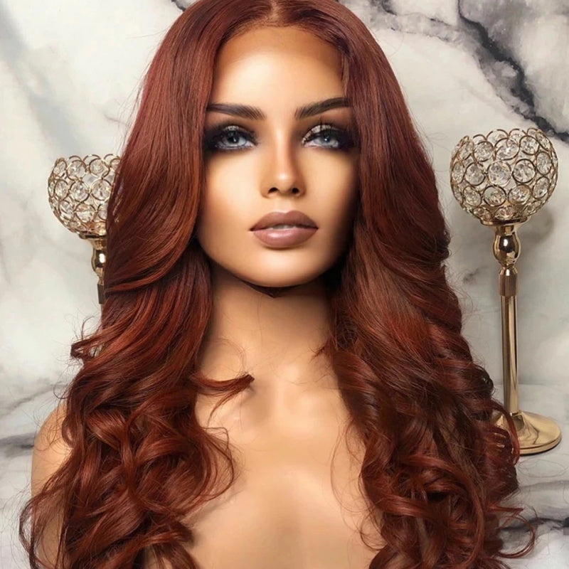 #33 Reddish Copper Brown Body Wave 13x4 Lace Front Breathable Airy Cap Real Glueless Human Wigs