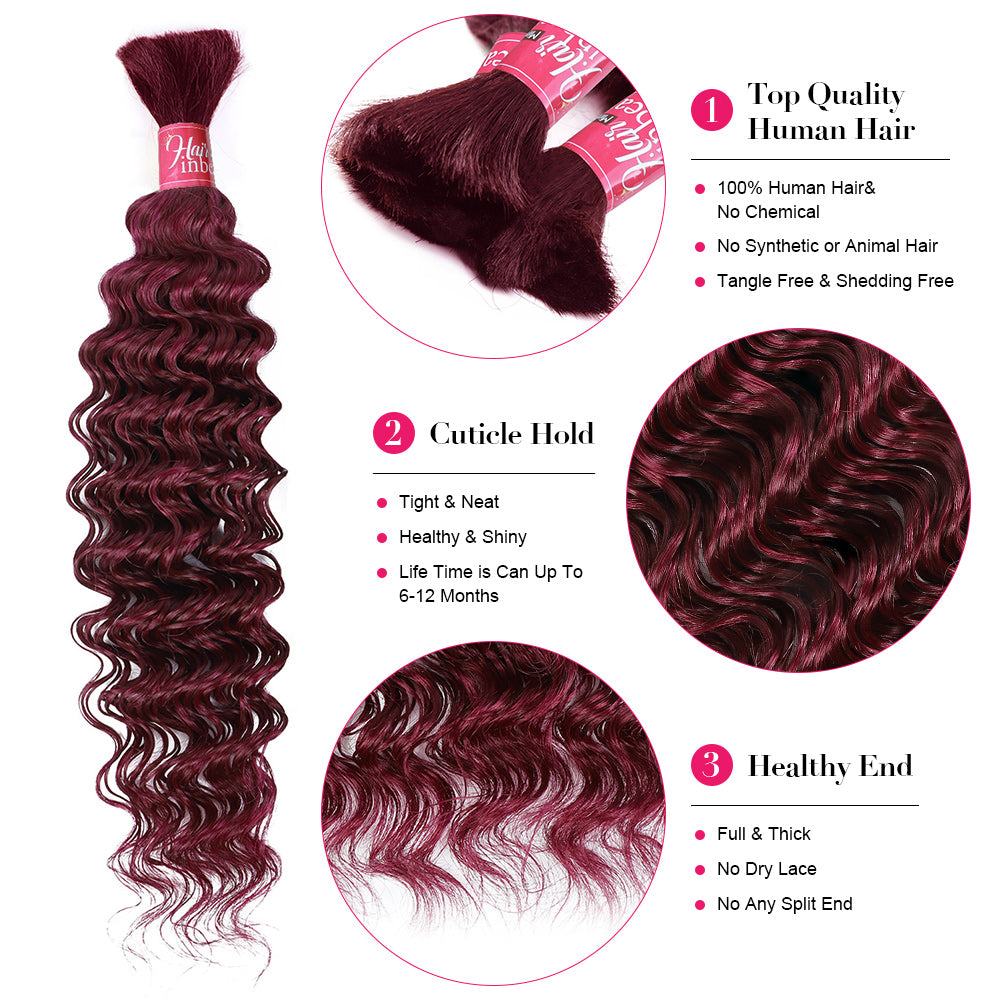 99J Burgundy Deep Wave Braid Hair Bulk 100% Human Hair Extensions Bulk for Braiding 100g