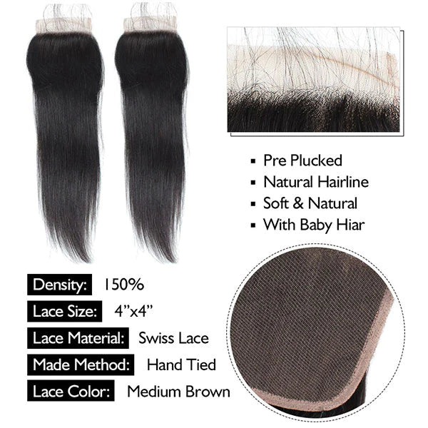 Overnight Shipping Brazilian Straight Hair 3 Bundles with 4x4 Lace Closure Human Hair