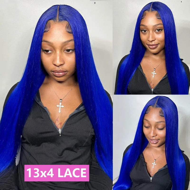 Blue Precolored Human Hair Wigs Straight Hair Wig 13x4 HD Lace Front Wig Glueless Wigs for Women