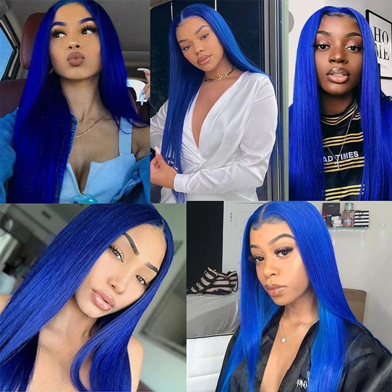 Blue Precolored Human Hair Wigs Straight Hair Wig 13x4 HD Lace Front Wig Glueless Wigs for Women