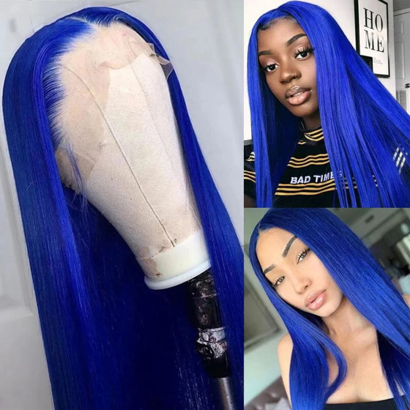 Blue Precolored Human Hair Wigs Straight Hair Wig 13x4 HD Lace Front Wig Glueless Wigs for Women