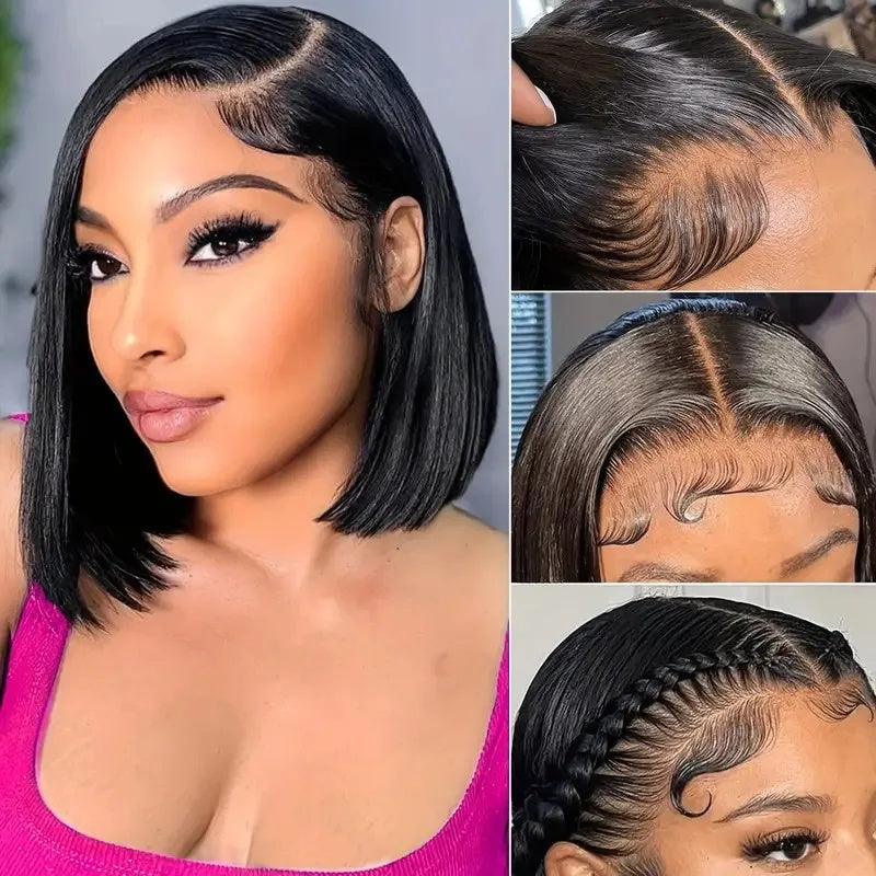 Brazilian Straight Remy Hair 4x4 Transparent Lace Closure Wig Natural Black Short Bob Wigs