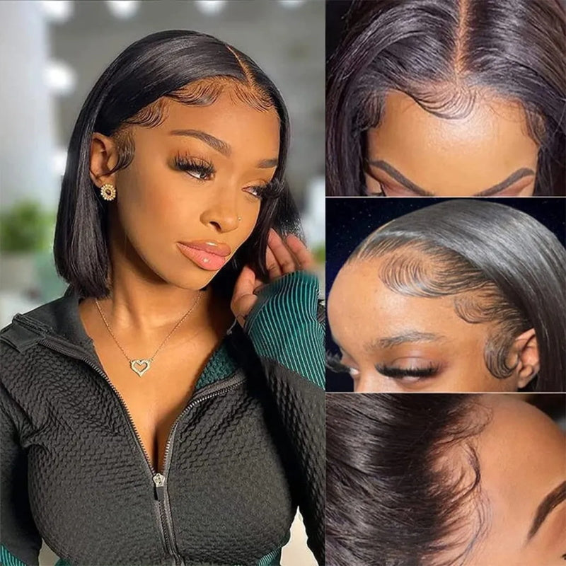 Brazilian Straight Remy Hair 4x4 Transparent Lace Closure Wig Natural Black Short Bob Wigs