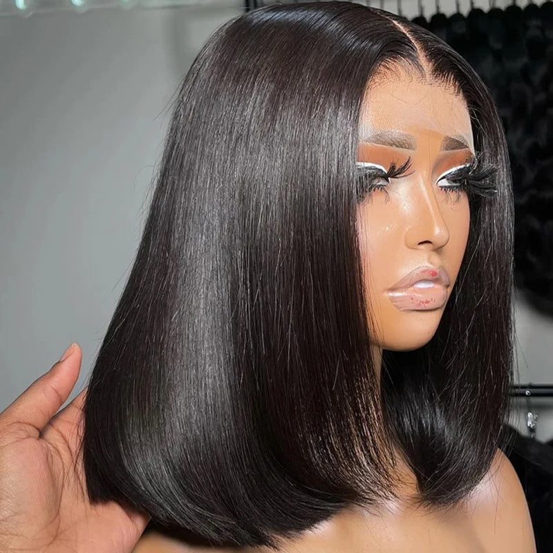 Brazilian Straight Remy Hair 4x4 Transparent Lace Closure Wig Natural Black Short Bob Wigs
