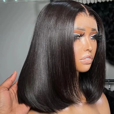  Brazilian Straight Remy Hair 4x4 Transparent  Lace Closure Wig Natural Black Short Bob Wigs