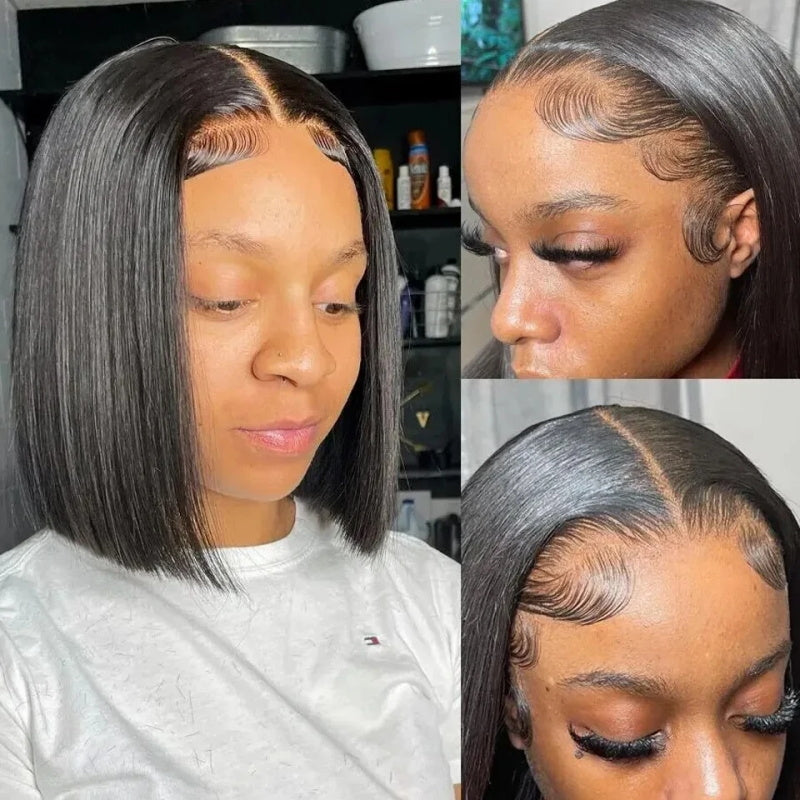 Brazilian Straight Remy Hair 4x4 Transparent Lace Closure Wig Natural Black Short Bob Wigs