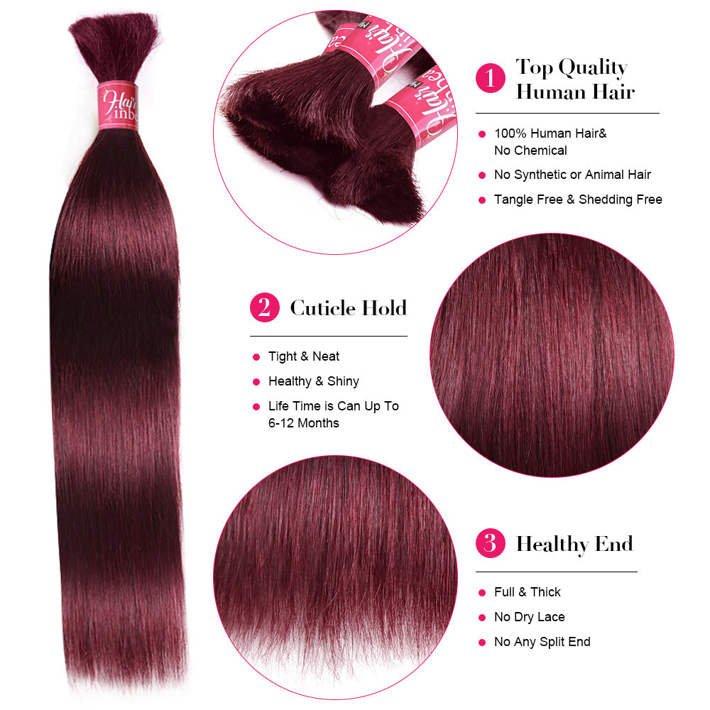 Burgundy 99J Straight Bulk 100% Human Hair For Braiding No Weft