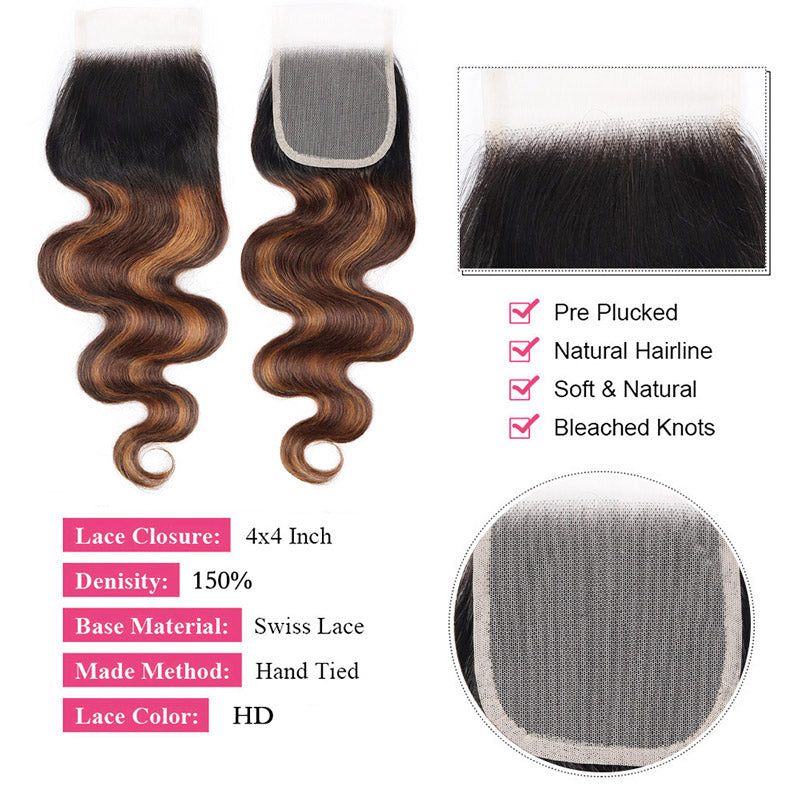Overnight Shipping T1B/4/30 Ombre Color Brazilian Body Wave Hair 3 Bundles With 4x4 Lace Closure
