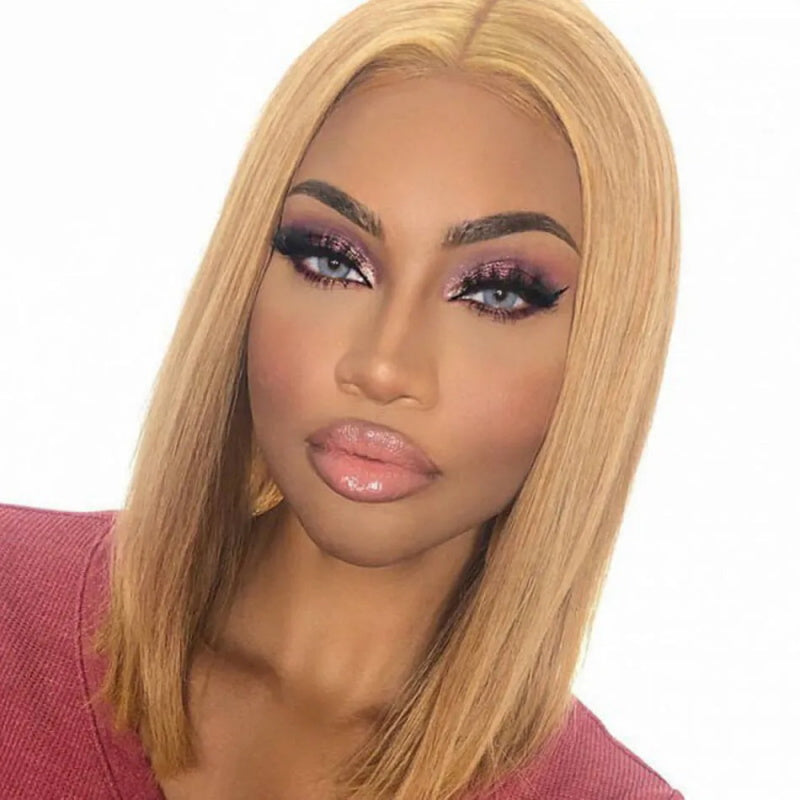 Glueless #27 Honey Blonde Short Straight Bob 13×4 Transparent Lace Wig