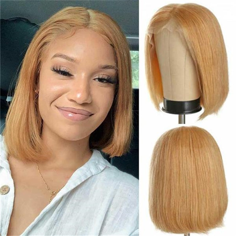 Glueless #27 Honey Blonde Short Straight Bob 13×4 Transparent Lace Wig