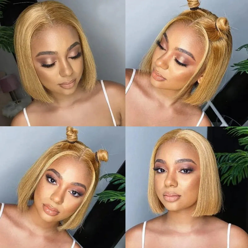 Glueless #27 Honey Blonde Short Straight Bob 13×4 Transparent Lace Wig