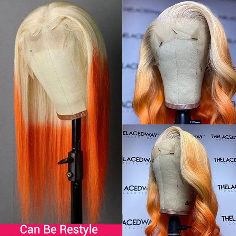 Blonde Ginger Ombre Color Body Wave Human Hair Wig Pre-plucked 13x4 HD Lace Front Wig 32 Inch Long Length Wig