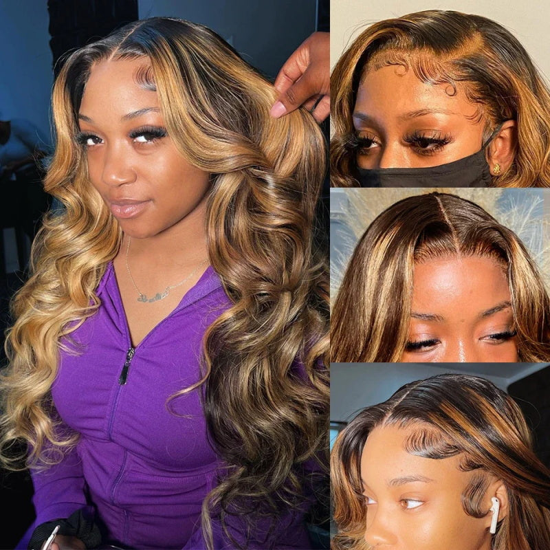 Highlight Body Wave 13x4 HD Lace Front Human Hair 200% Density Wigs with Pre Plucked