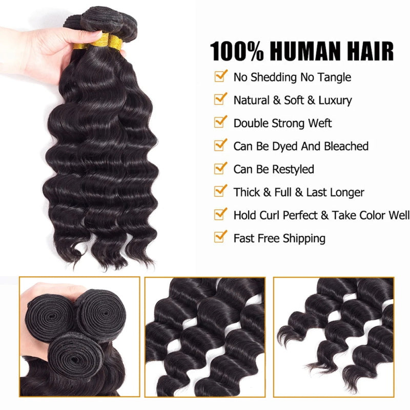 Loose Deep Wave Brazilian Hair 3 Bundles with 4x4 Closure 100% Human Hair Extension