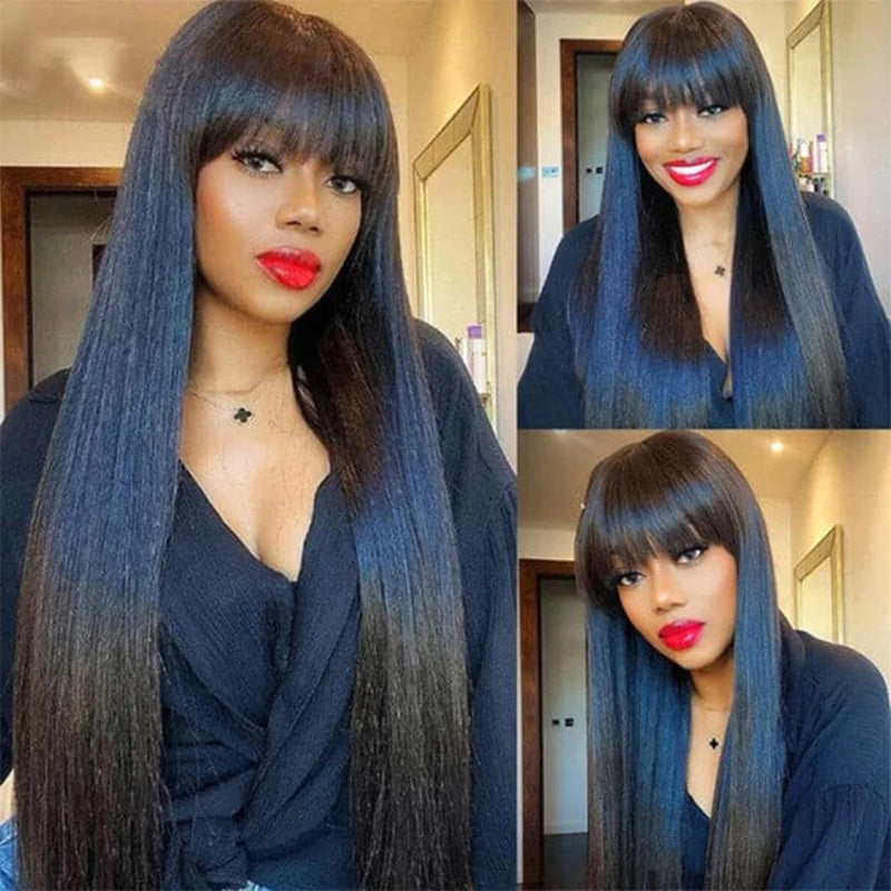 [Graduation's Sale ] 10"-28" Save 50% OFF Straight With Bangs Remy Brazilian Human Hair Wigs Machine Made Wig With Bangs For Black Women