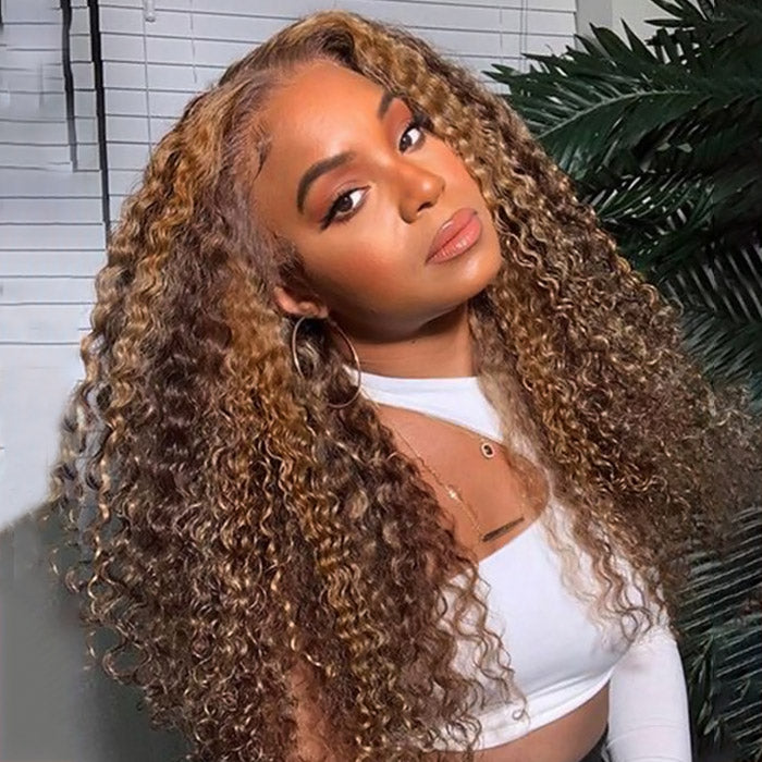 Ready To Wear Highlight Brown P4/27 Kinky Curly Wigs 180% Density Deep Curly Pre-plucked Glueless Lace Wigs With Bleached Knots Pre-cut Lace Esy Installed