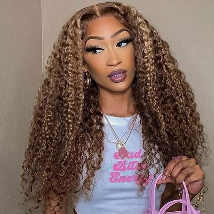 Ready To Wear Highlight Brown P4/27 Kinky Curly Wigs 180% Density Deep Curly Pre-plucked Glueless Lace Wigs With Bleached Knots Pre-cut Lace Esy Installed