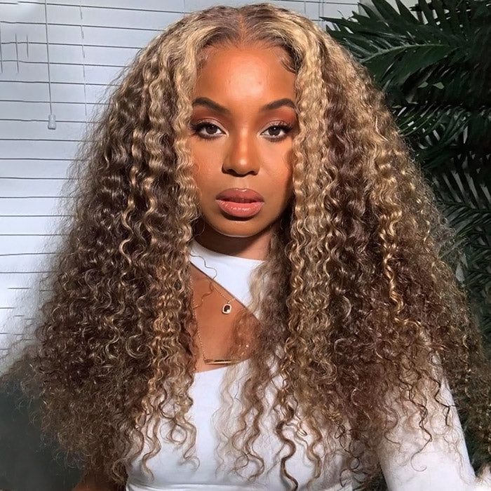 Ready To Wear Highlight Brown P4/27 Kinky Curly Wigs 180% Density Deep Curly Pre-plucked Glueless Lace Wigs With Bleached Knots Pre-cut Lace Esy Installed