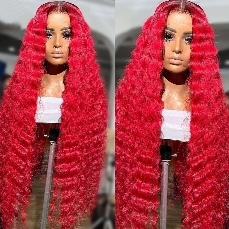 Red Color Loose Deep Wave 13x4 Transparent Lace Front Wigs For Women with Pre Plucked Glueless Wig
