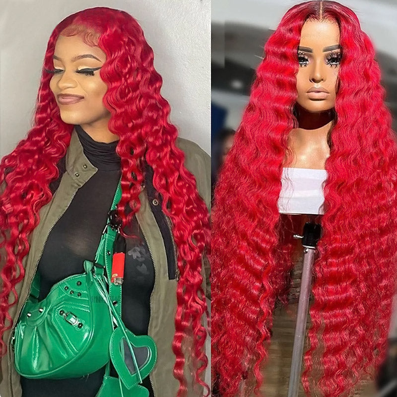 Red Color Loose Deep Wave 13x4 Transparent Lace Front Wigs For Women with Pre Plucked Glueless Wig