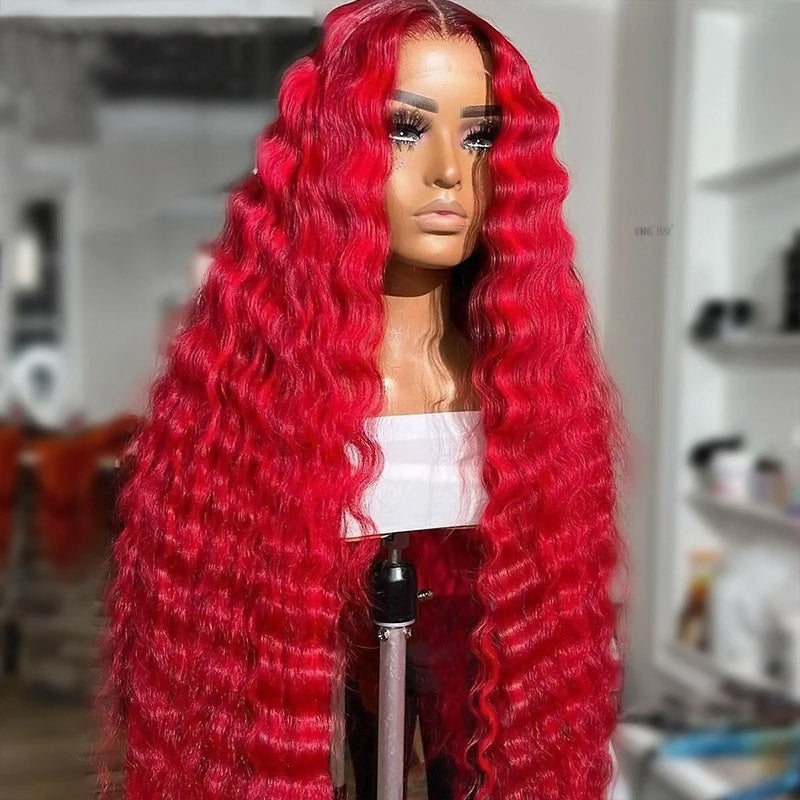 Red Color Loose Deep Wave 13x4 Transparent Lace Front Wigs For Women with Pre Plucked Glueless Wig