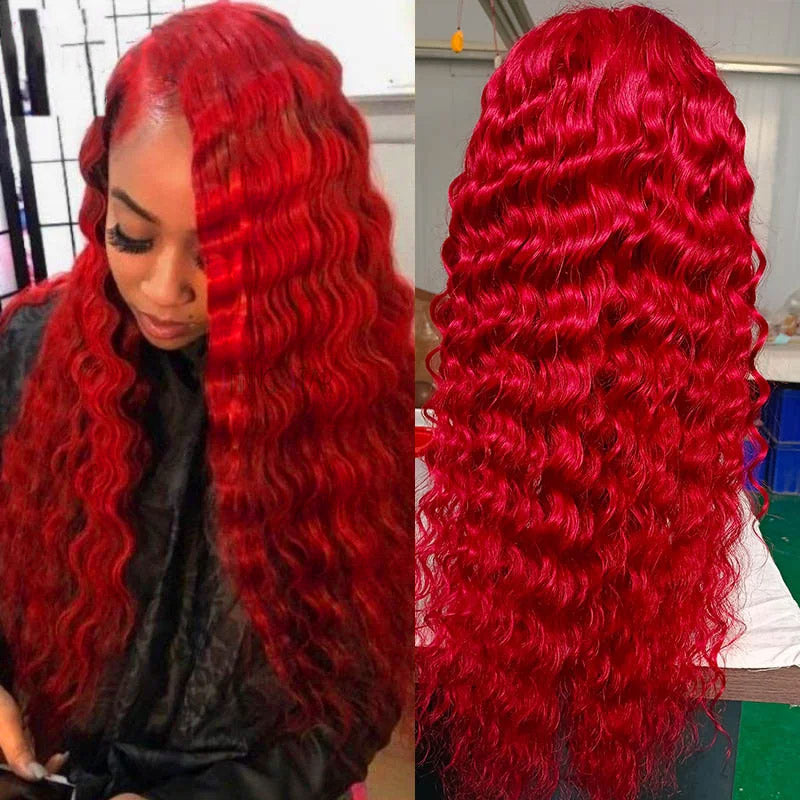 Red Color Loose Deep Wave 13x4 Transparent Lace Front Wigs For Women with Pre Plucked Glueless Wig