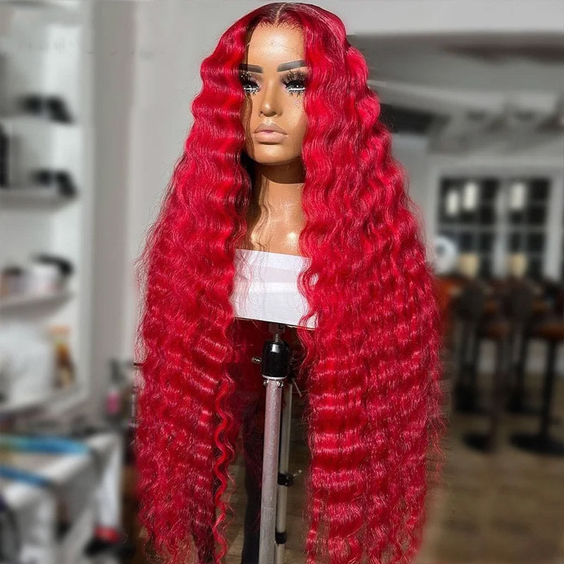 Red Color Loose Deep Wave 13x4 Transparent Lace Front Wigs For Women with Pre Plucked Glueless Wig