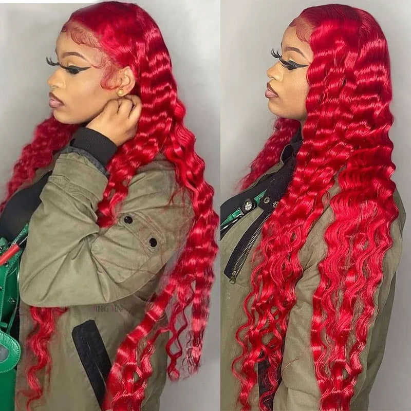 Red Color Loose Deep Wave 13x4 Transparent Lace Front Wigs For Women with Pre Plucked Glueless Wig