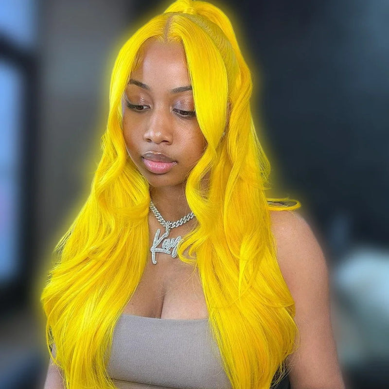 Yellow Colored Body Wave 13x4 Pre-Plucked Lace Front Wig For Black Women With Baby Hair