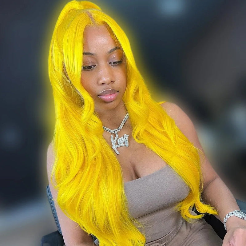 Yellow Colored Body Wave 13x4 Pre-Plucked Lace Front Wig For Black Women With Baby Hair