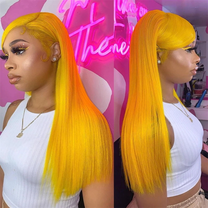 Yellow Colored Body Wave 13x4 Pre-Plucked Lace Front Wig For Black Women With Baby Hair
