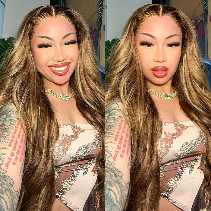 Ready To Wear Honey Blonde Highlight Body Wave 13x4 Lace Front Wigs 180% Density Pre-plucked Body Wave Human Hair Wigs with Natural Hairline