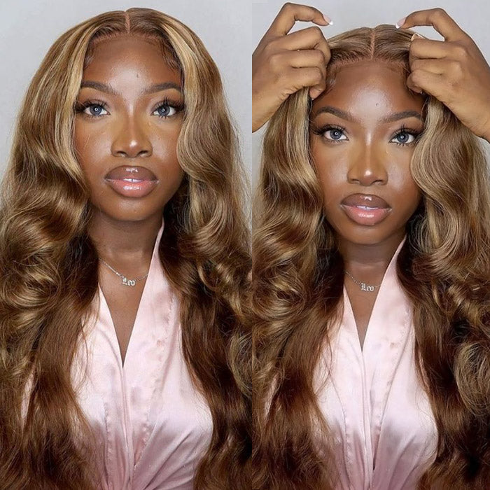 Ready To Wear Honey Blonde Highlight Body Wave 13x4 Lace Front Wigs 180% Density Pre-plucked Body Wave Human Hair Wigs with Natural Hairline