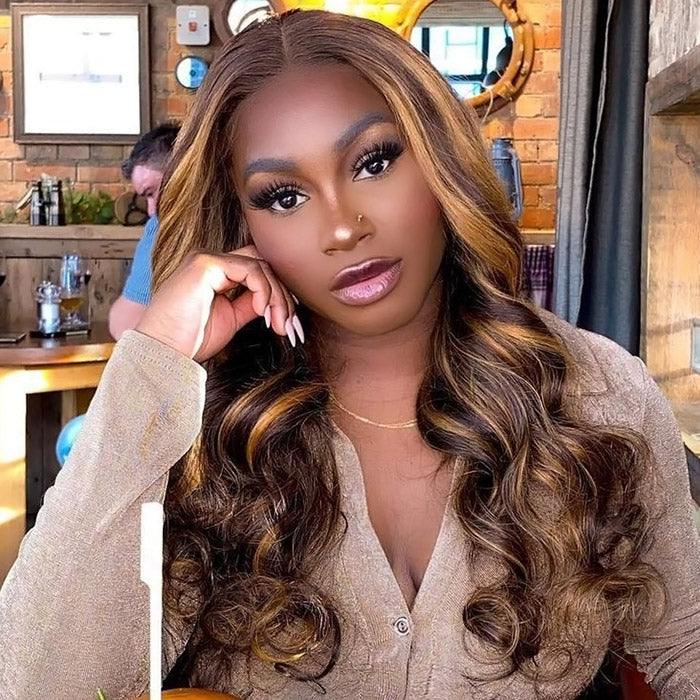 Ready To Wear Honey Blonde Highlight Body Wave 13x4 Lace Front Wigs 180% Density Pre-plucked Body Wave Human Hair Wigs with Natural Hairline