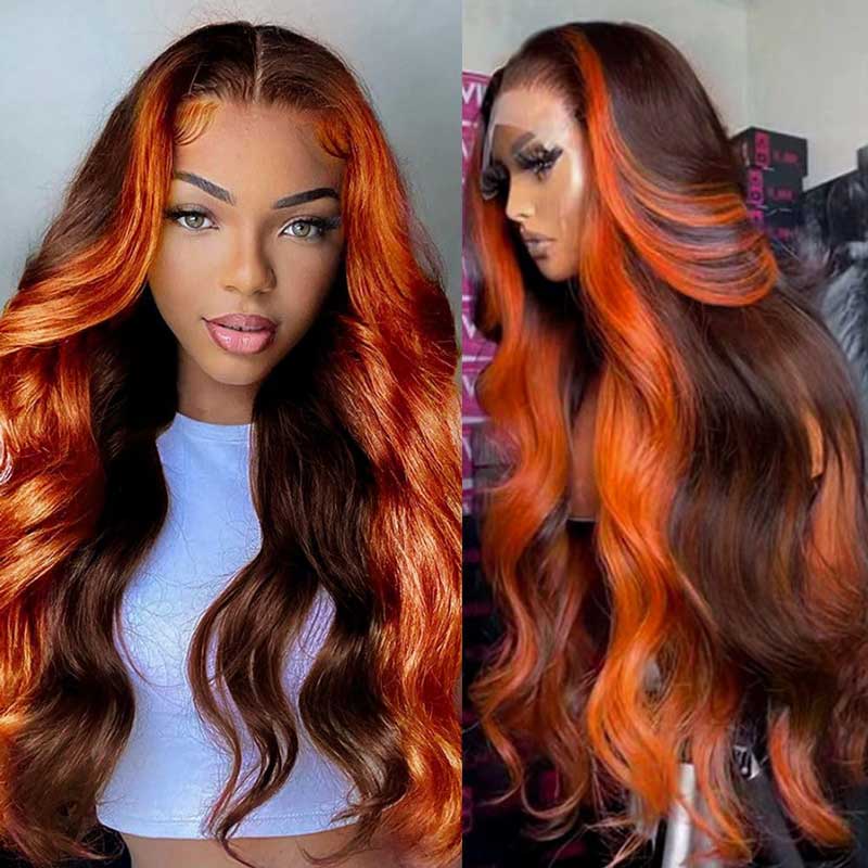 13x4 HD Lace Front Ginger Black Highlight Body Wave Human Hair Colored Lace Wigs With Pre Plucked
