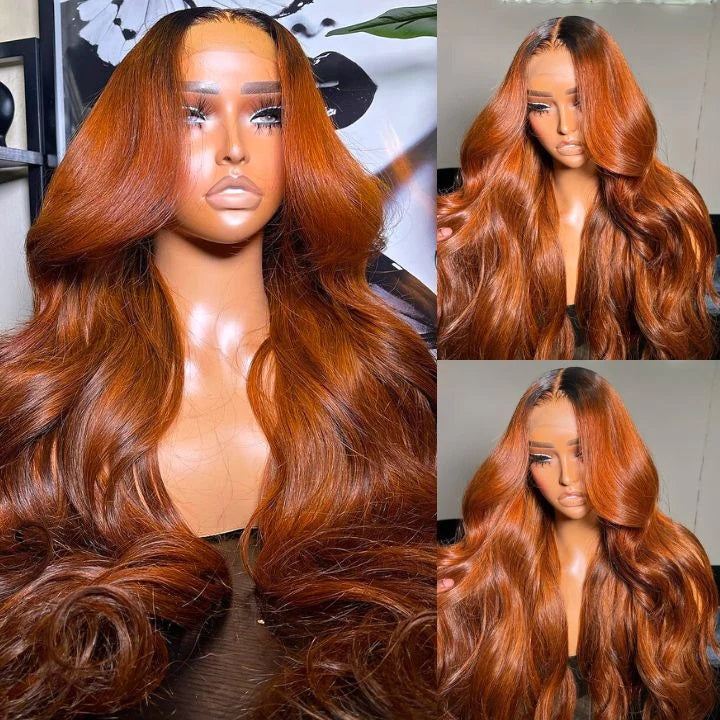 Hairinbeauty Ombre Ginger Cooper Color Body Wave 13x4 Lace Front Human Hair Wigs for Women