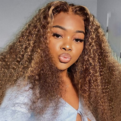 Highlight Brown Kinky Curly Ready To Wear Glueless Wigs 13x6 HD Lace Frontal Wig With Bleached Knots Pre-plucked Natural Hairline