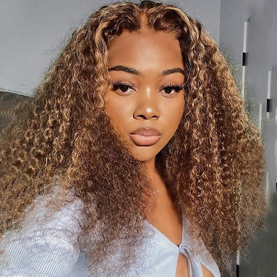 Highlight Brown Kinky Curly Ready To Wear Glueless Wigs 13x6 HD Lace Frontal Wig With Bleached Knots Pre-plucked Natural Hairline