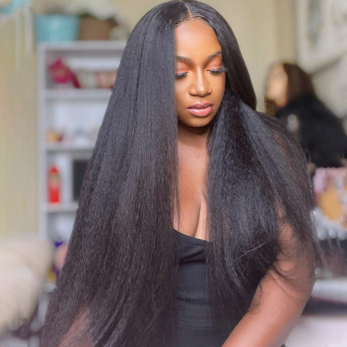 13x6 Ready To Wear Kinky Straight Lace Front Wig 180% Pre-plucked Yaki Glueless Wigs With Bleached Knots