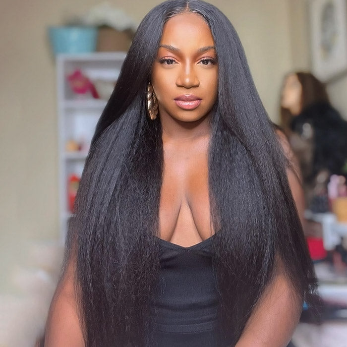 13x6  Ready To Wear Kinky Straight Lace Front Wig 180% Pre-plucked Yaki Glueless Wigs With Bleached Knots