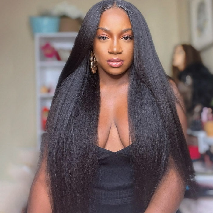 Kinky Straight Glueless Wig Pre-plucked 13x4 Yaki Glueless Wigs With Bleached Knots Beginnger Friendly