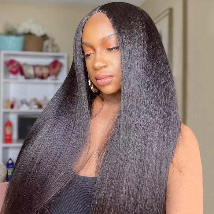 13x6  Ready To Wear Kinky Straight Lace Front Wig 180% Pre-plucked Yaki Glueless Wigs With Bleached Knots