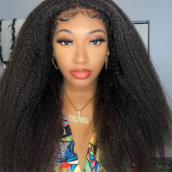 13x6 Kinky Straight Lace Front Wig Highlight Ready To Wear Glueless Yaki Wigs Pre-plucked Kinky Straight Human Hair Wig With Bleached Knots