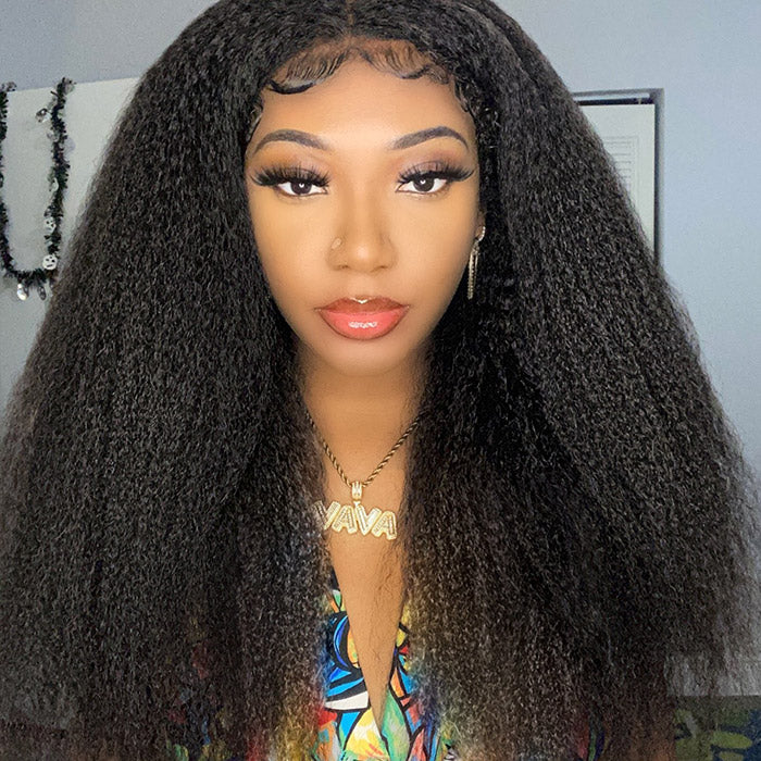 13x6 Kinky Straight Lace Front Wig Highlight  Ready To Wear Glueless Yaki Wigs Pre-plucked Kinky Straight Human Hair Wig With Bleached Knots