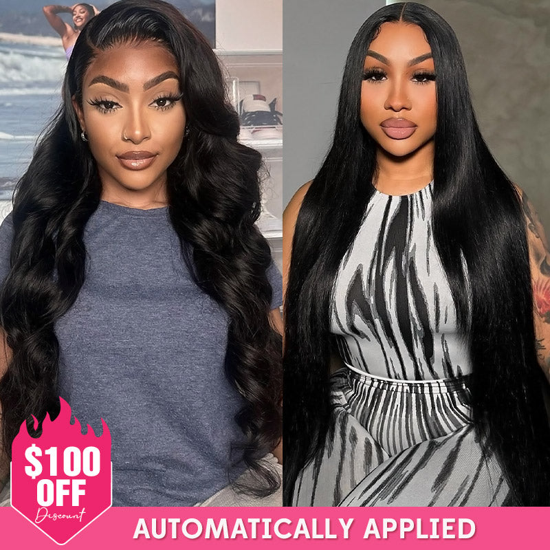 [$100 OFF Deal] $140 for 28"  Glueless Human Hair Wigs Straight/ Body Wave  5x5 Transparent Lace Closure Wigs 180% Density